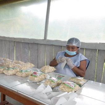 Proceso de etiquetado de hojuelas de plátano.