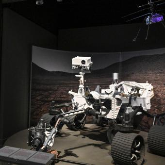 Models of Perseverance, Ingenuity and real meteorite from Mars.