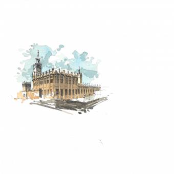 Dibujo en color del edificio de CaixaForum Barcelona. 