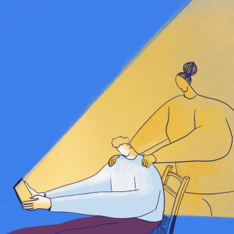 Ilustración de una persona mirando una tablet de cuya luz surge una figura que le apoya las manos en los hombros.
