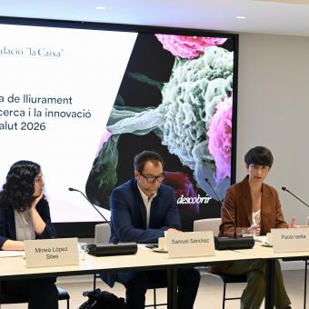Mireia López (UdG), Samuel Sánchez (IBEC), Paola Isetta (Fundació ”la Caixa”) i Sergi Ballespí (UAB), a la trobada amb mitjans per presentar els ajuts a la recerca i la innovació 2026.