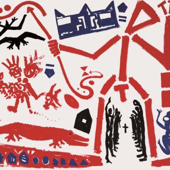 A.R. Penck (1939, Dresde-2017, Zúrich). Tríptico para Basquiat (Detalle), 1984. Esmalte sintético sobre tela. Tríptico: 250 x 950 cm. Colección Fundación ”la Caixa”. © A.R. Penck, VEGAP, A Coruña, 2021.