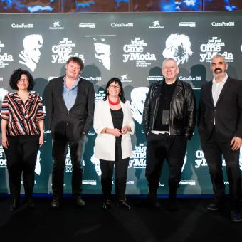 From left to right: Isabel Fuentes, Director of CaixaForum Madrid; Frédéric Bonnaud, Director of La Cinémathèque française; Elisa Durán, Deputy General Director of ”la Caixa” Banking Foundation, Jean Paul Gaultier, fashion designer and artistic director of the show ,and Ignasi Miró, the corporate director of the Culture and Science Area of ”la Caixa” Foundation, have presented the exhibition Film and Fashion by Jean Paul Gaultier.