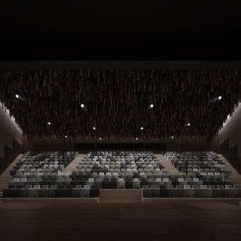 Las obras en el interior del edificio Ágora para levantar un nuevo centro cultural CaixaForum se iniciaron en marzo de 2020. Interior del auditorio.