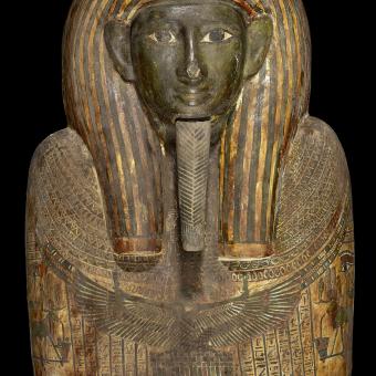 Lid of the inner coffin of Ameniryirt  (detail). Thebes, Egypt 26th Dynasty, about 600 BC. Wood and plaster. © Trustees of the British Museum.