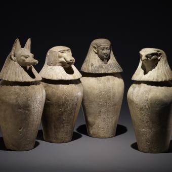 Canopic jars of Djedbastiufankh Hawara, Limestone. Egypt 30th Dynasty, about 380–343 BC. ©Trustees of the British Museum.