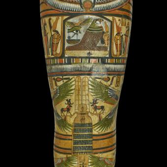 Mummy of Nesperennub in cartonnage case. Thebes, Egypt 22nd Dynasty, about 800 BC. Wood, plaster, linen and human tissue. © Trustees of the British Museum.