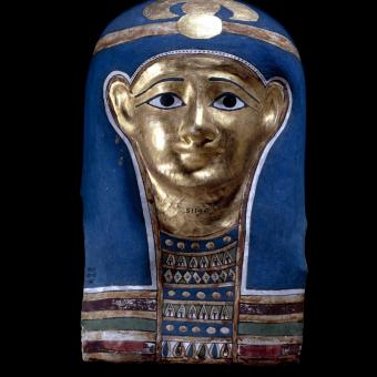 Mask and trappings. Tomb E 422, Abydos, Egypt. Late Ptolemaic – early Roman period, about 100 BC – AD 100. Plaster, linen and gold  © Trustees of the British Museum.