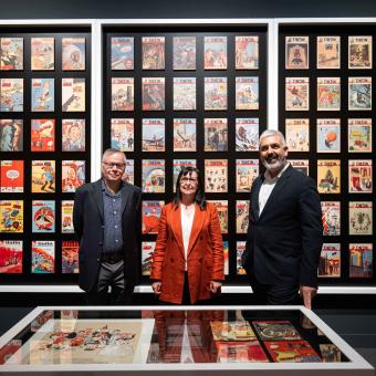 From left to right: Bernard Mahé, gallery owner and curator of the show, Elisa Durán, Deputy General Manager of ”la Caixa” Banking Foundation, and Ignasi Miró, the corporate director of the Culture and Science Area of ”la Caixa” Foundation, presented Comic: Dreams and History.