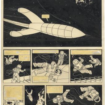 George Rémi, Hergé. «On a marché sur la Lune». Tintin, vol. 17, página 6, Casterman. 1954. Tinta china sobre papel. 9e Art Références, París.