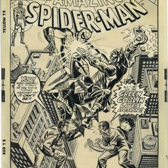 John Romita. «The Green Goblin Lives Again!» The Amazing Spider-Man, n.º 136, portada definitiva, Marvel. 1974. Tinta china sobre papel 9e Art Références, París.