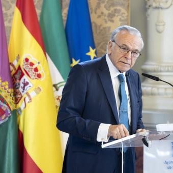 El presidente de la Fundación ”la Caixa”, Isidro Fainé, durante la presentación del proyecto del nuevo CaixaForum Málaga.