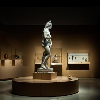 The exhibition features iconic pieces, such as a Roman statue of Venus.