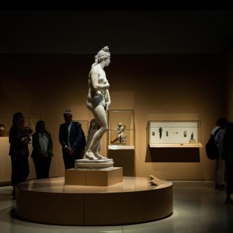 The exhibition features iconic pieces, such as a Roman statue of Venus.