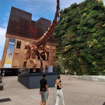 Transeúntes pasan por delante del Patagotitan mayorum.