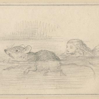 “El estanque de lágrimas”, dibujo original de John Tenniel para Alicia en el país de las maravillas de Lewis Carroll, firmado con su monograma (“JT”), c. 1870/1871.