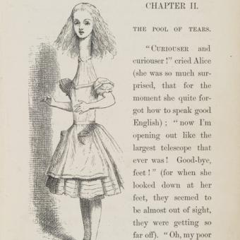 Alicia con un largo cuello, Las aventuras de Alicia en el país de las maravillas de Lewis Carroll. Ilustrado por John Tenniel. V&A National Art Library: signatura B.AA.CARL.AL.1866.