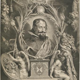 Paulus Pontius (grabador) y Pedro Pablo Rubens (inventor), a partir de Diego Velázquez, «Retrato alegórico del conde duque de Olivares», 1626. Aguafuerte y buril sobre papel verjurado.