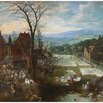 Jan Brueghel el Viejo y Joost de Momper II, «Mercado y lavadero en Flandes», h. 1620. Óleo sobre lienzo.