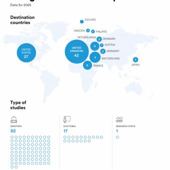 Infographic: destination countries and study types for the 2025 postgraduate scholarships.