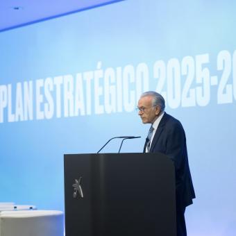 Isidre Fainé durant la presentació del Pla Estratègic als empleats de la Fundació ”la Caixa”.
