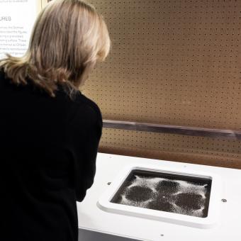 Una visitante observa el módulo sobre las figuras de Chladni.