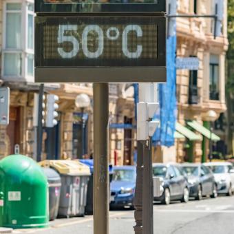 The urban thermometer in the city of Bilbao shows 50 degrees Celsius during the summer 2025 heatwave in Spain.