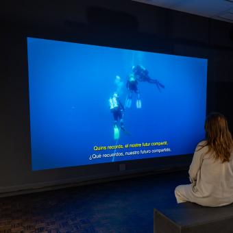 Una visitant veient un dels vídeos que recrea l'enfonsament d'alguns dels vaixells exposats a CaixaForum Lleida.