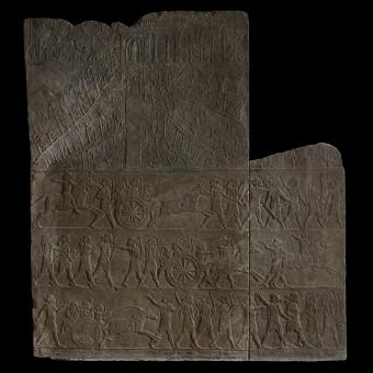 Bajorrelieve mural en yeso que muestra parques con acueductos y canales, 645-640 a. de C., palacio norte, Nínive (Irak). 1856,0909.36.