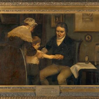 Edward Jenner fent la seva primera vacunació a un nen de 8 anys anomenat James Phipps, el 14 de maig de 1796.