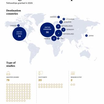 Fellowships granted and type of studies during the 2025 call.