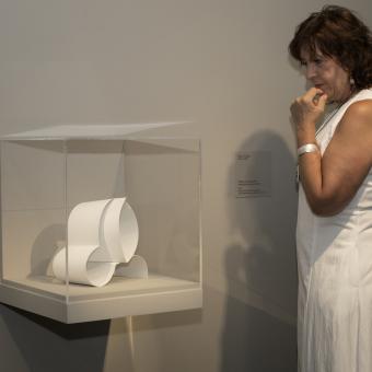 Una dona admira una de les obres presents a l'exposició «Càntic. El profund és l'aire» a CaixaForum Palma.