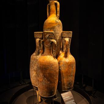 Algunos de los objetos presentes en la muestra «Naufragios. Arqueología sumergida» en CaixaForum Zaragoza. 