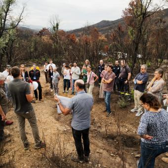 Participants de la trobada durant la visita a l'àrea afectada per l'incendi de Les Gavarres.
