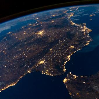 The Iberian Peninsula at night, showing different levels of light pollution in Spain and Portugal.