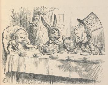 Alicia en la fiesta del té del Sombrerero Loco, ilustración para Alicia en el País de las Maravillas de John Tenniel, 1865.