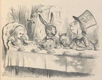 Alicia en la fiesta del té del Sombrerero Loco, ilustración de John Tenniel, 1865
