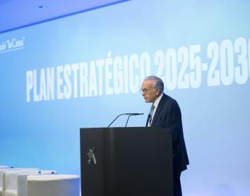 Isidre Fainé durant la presentació del Pla Estratègic als empleats de la Fundació ”la Caixa”.