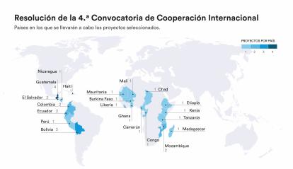 Infografía de los países de los proyectos seleccionados en la 4ª Convocatoria de Cooperación Internacional 2024.