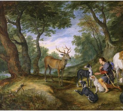 Pedro Pablo Rubens y Jan Brueghel el Viejo, «La visión de san Huberto», 1617-20. Óleo sobre tabla.