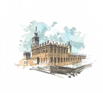 Dibujo en color del edificio de CaixaForum Barcelona. 