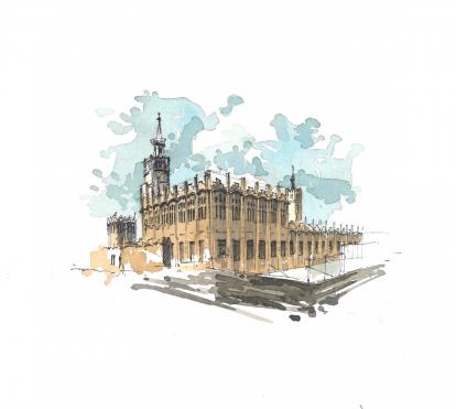 Dibuix en color de l'edifici de CaixaForum Barcelona.