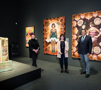 From left to right: Anne Richard, curator and founder of the magazine HEY! modern art & pop culture; Elisa Durán, Deputy General Director of ”la Caixa” Banking Foundation, and Emmanuel Kasarhérou, president of the Musée du quai Branly, have presented the exhibition Tattoo. Art Under the Skin.