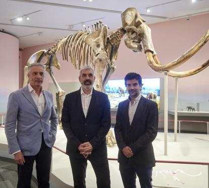 De izquierda a derecha: el director de CaixaForum Zaragoza, Ricardo Alfós; el director corporativo del Área de Cultura y Ciencia de la Fundación ”la Caixa”, Ignasi Miró, y el responsable de Exposiciones de Ciencia de la Fundación ”la Caixa”, Javier Hidalgo, frente al esqueleto del mamut en CaixaForum Zaragoza.