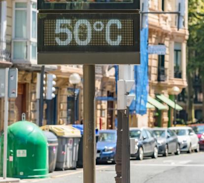 The urban thermometer in the city of Bilbao shows 50 degrees Celsius during the summer 2025 heatwave in Spain.
