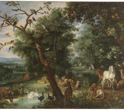 Pieter Brueghel el Jove (obra copiada de: Jan Brueghel el Vell), «El Paradís Terrenal», c.1626. Oli sobre coure.