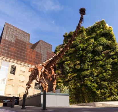 El Patagotitan mayorum se exhibe frente al jardín vertical de CaixaForum Madrid.