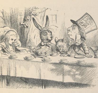 Alicia en la fiesta del té del Sombrerero Loco, ilustración para Alicia en el País de las Maravillas de John Tenniel, 1865.