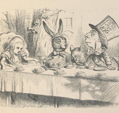 Alicia en la fiesta del té del Sombrerero Loco, ilustración para Alicia en el País de las Maravillas de John Tenniel, 1865. 