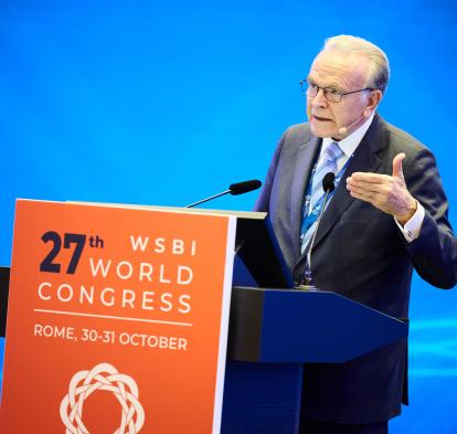 Isidro Fainé, durante su intervención en el Congreso del Centenario del WSBI, hoy en Roma (Italia). 